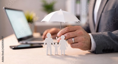 Family life insurance theme collection featuring desk setup with safety, security, protection, care, and planning.