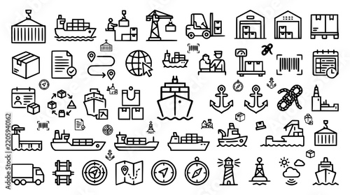 Logistics Maritime Cargo Shipping and Sea Freight Supply Chain Line Icon Set for Global Import Export Industry Business and Transportation Web Application Designs