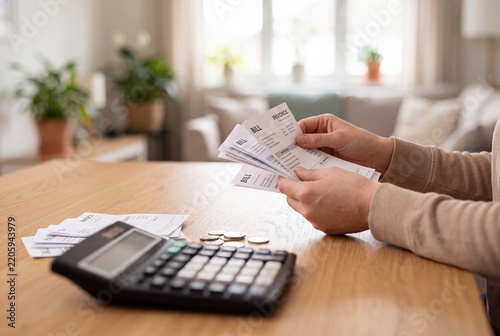 Personal finance and household budgeting concept featuring domestic expenses, paper bills, receipts, accounting, and financial planning