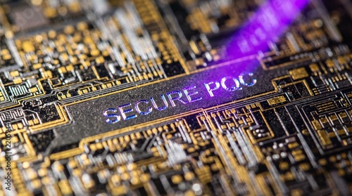 Close-up view of a high-tech microchip with glowing secure pqc text representing advanced post-quantum cryptography and cybersecurity hardware
