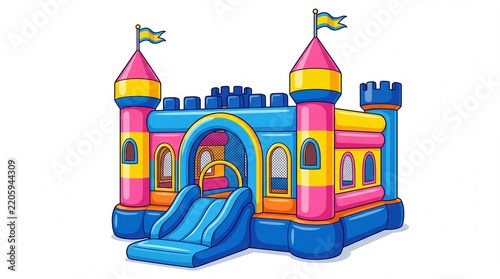 Colorful inflatable bounce house castle with tall towers and sliding ramp on white background