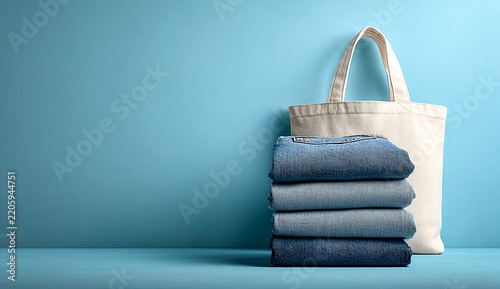 Stack of Folded Blue Denim Jeans Next to a Plain Canvas Tote Bag on a Light Blue Background