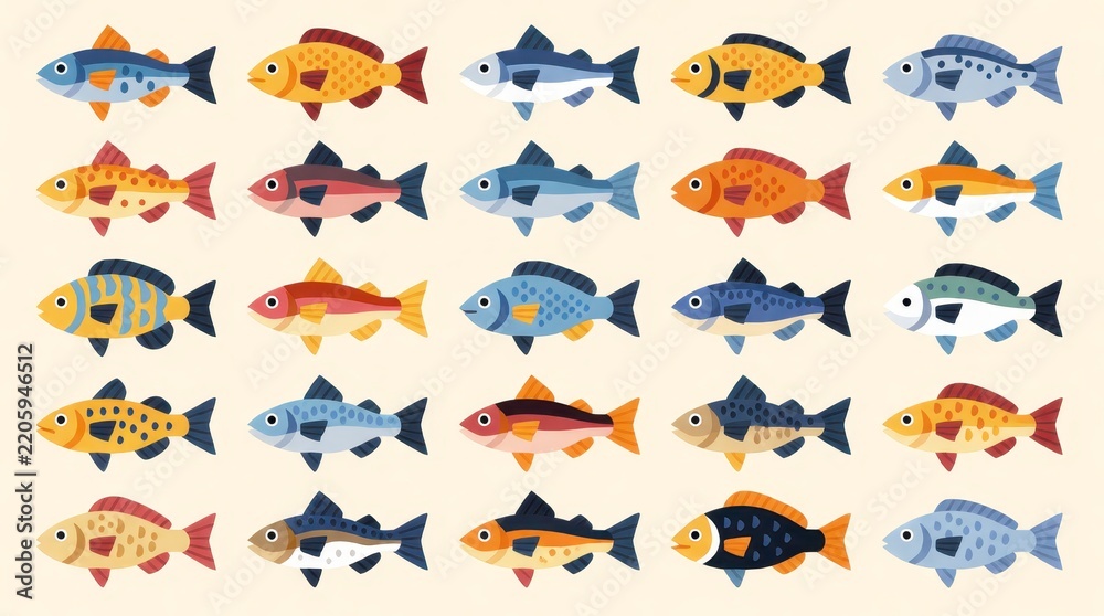 Fototapeta premium Set of colorful flat vector fish icons arranged in a grid pattern on a light background