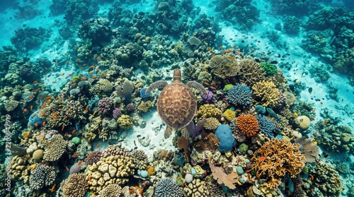 A sea turtle glides over a colorful coral reef teeming with tropical fish, captured from above in crystal clear turquoise water.