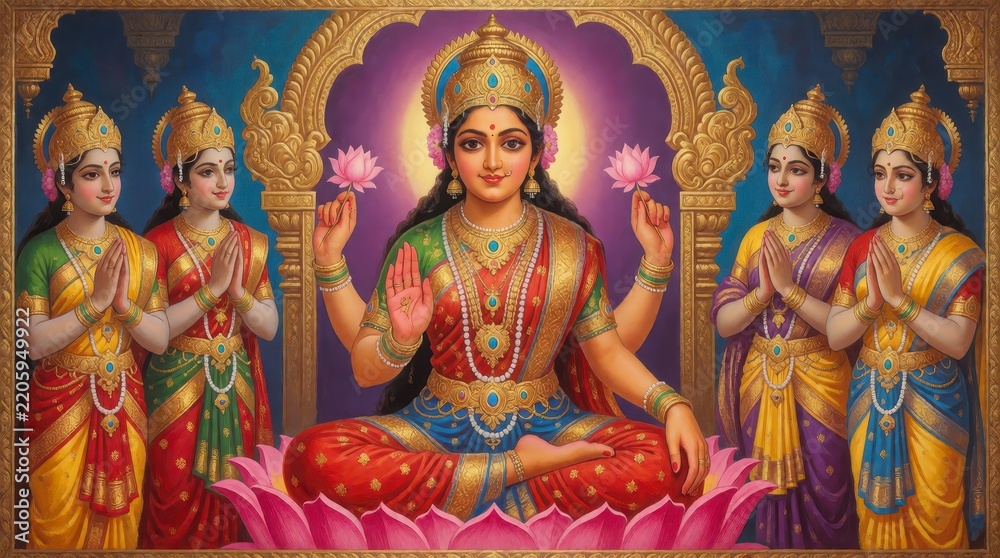 Fototapeta premium Goddess Lakshmi sitting on a lotus flower with four devotees in a traditional Indian temple setting