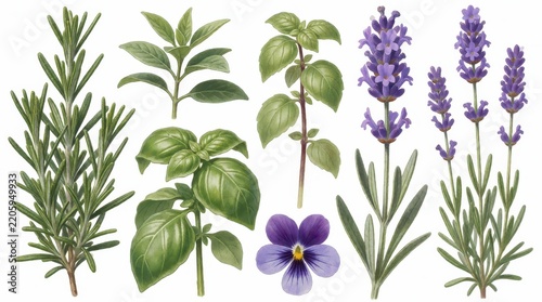 Set of hand drawn botanical illustrations featuring lavender rosemary basil and violet on white