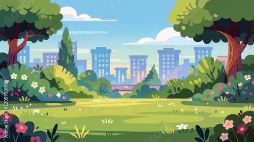Flat vector illustration of a city park with green trees and flowers against a modern skyline