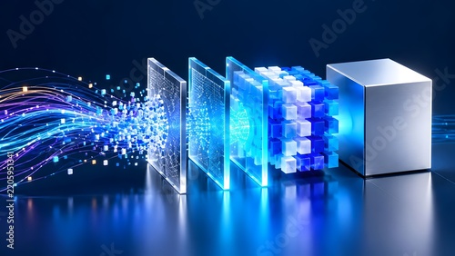 Abstract digital data flow transforming into a structured cube and metallic block representing data processing storage and analysis in technology
