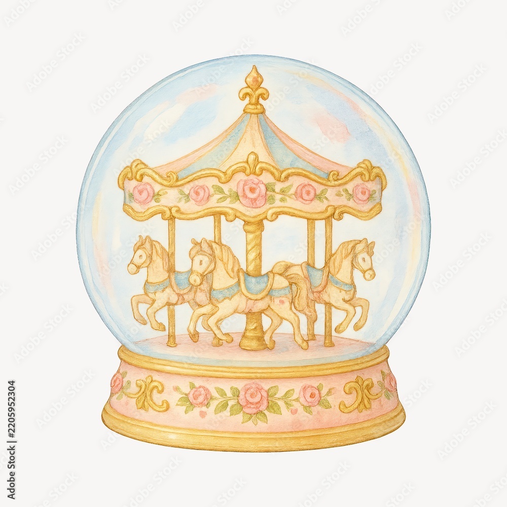 Obraz premium Whimsical carousel snow globe illustration.