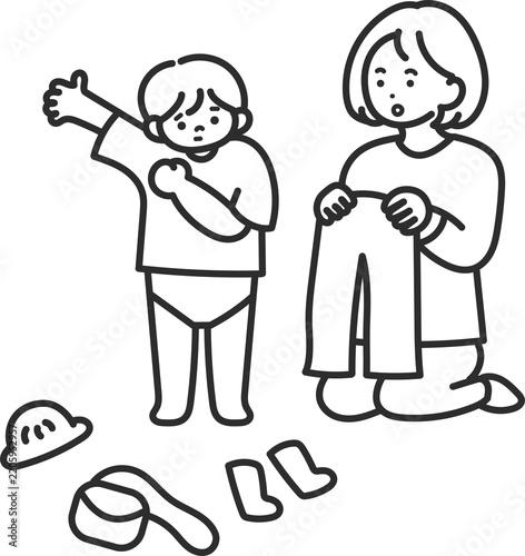 子どもの着替えの世話をするお母さんのイラスト　線画のみ