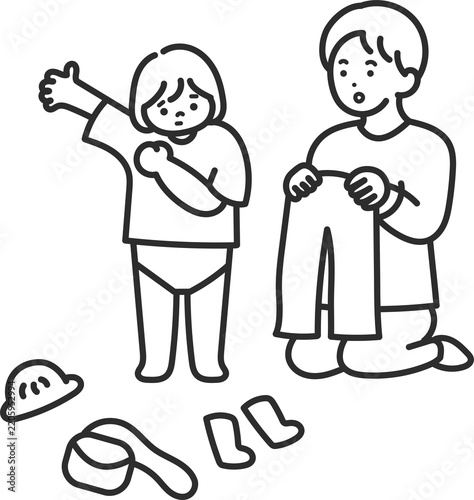 子どもの着替えの世話をするお父さんのイラスト　線画のみ
