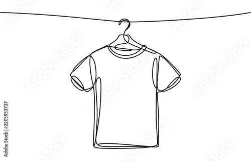 Continuous single line drawing of a t-shirt hanging on a clothesline