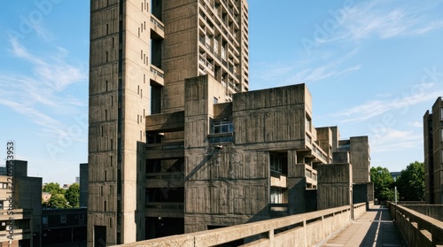 Brutalist Architecture of Barbican Estate in London Under a Clear Blue Sky.