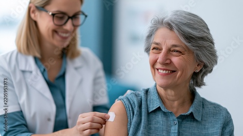 Senior woman receiving vaccination from nurse