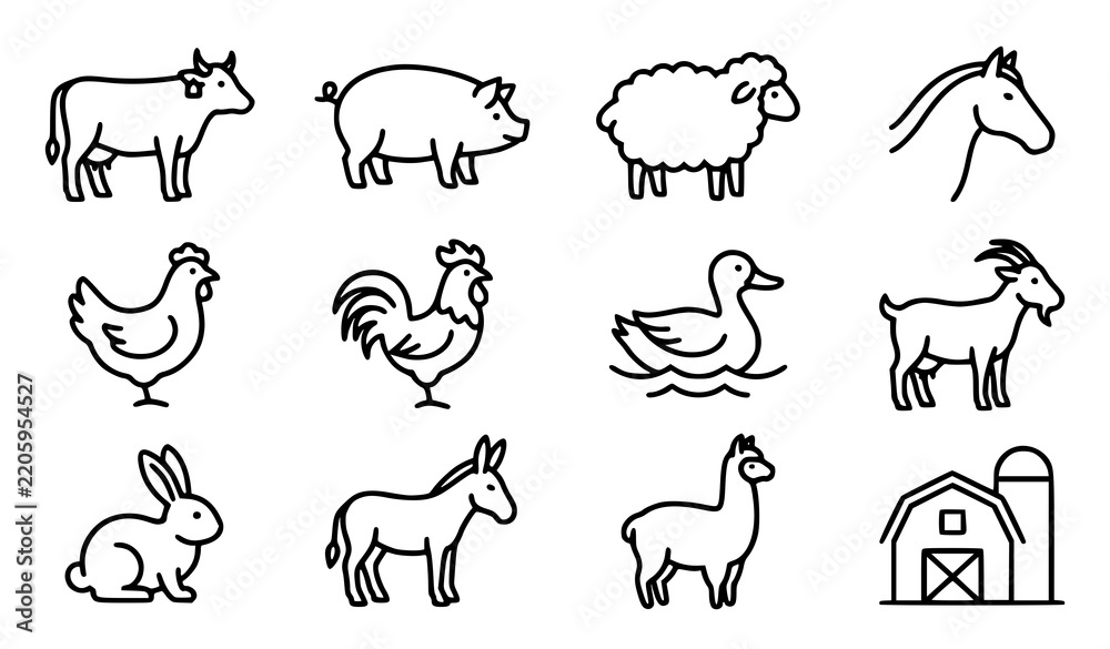 Obraz premium animals and countryside agriculture thin line icon set featuring cow pig sheep horse poultry barn and domestic livestock outline vector collection