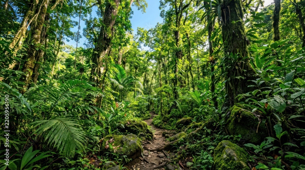 Fototapeta premium Lush Tropical Rainforest Path Bathed in Sunlight.