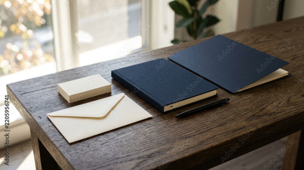 Obraz premium Minimalist Desk Setup with Notebooks and Stationery by Window Light.