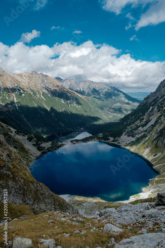 A view of mountain ponds: Czarny Staw pod Rysami and Morskie Oko in the Tatra Mountains.