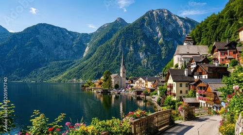 Picturesque Hallstatt Village Nestled Beside a Serene Alpine Lake with Majestic Mountains.