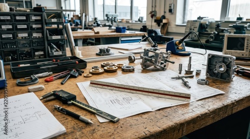 Precision Engineering Workshop Bench with Blueprints and Tools.
