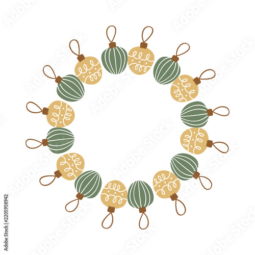 Christmas frame with green ribbed and yellow swirl baubles wreath border vector