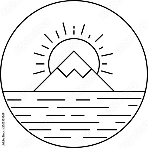 Sunrise line art illustration with rising sun, horizon landscape, and minimal botanical elements in clean black outline style