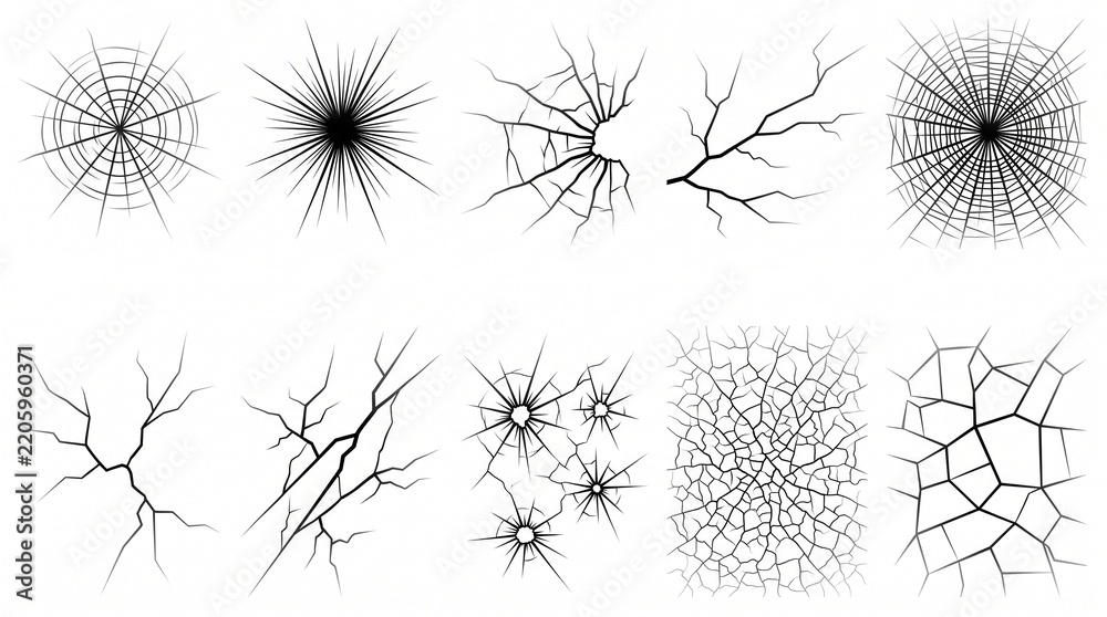 Obraz premium Collection of diverse crack patterns and broken glass elements