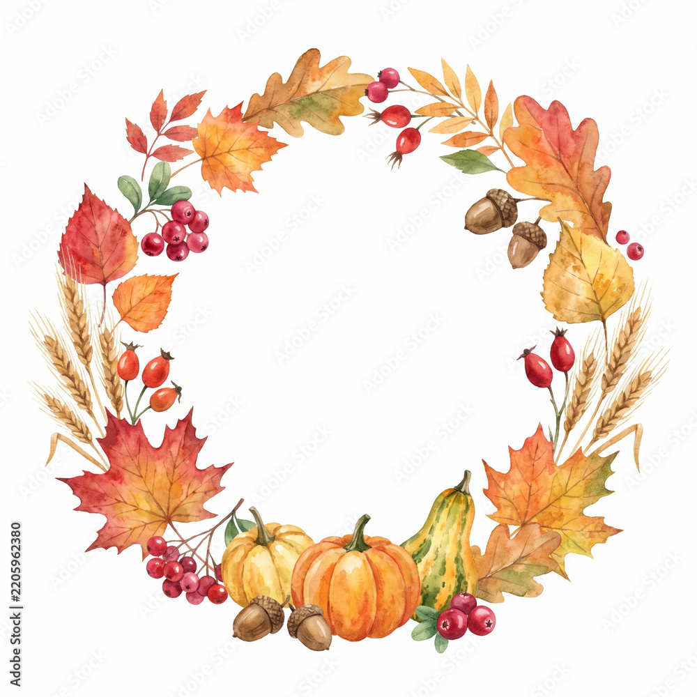 Fototapeta premium Watercolor Autumn Wreath with Pumpkins Leaves and Berries Isolated on White Background for Thanksgiving and Harvest Seasonal Decoration Design