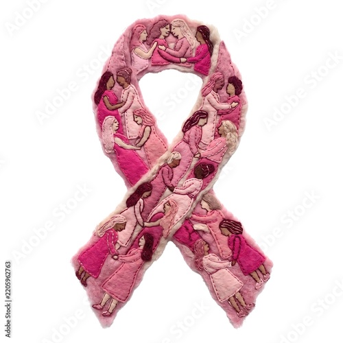 Pink October breast cancer awareness ribbon in embroidered felt textile style with women supporting each other