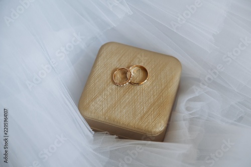 Close up of two gold wedding rings resting on a small wooden ring box enveloped in soft white tulle.