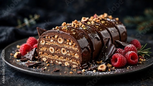 Decadent chocolate hazelnut Yule log cake with raspberries