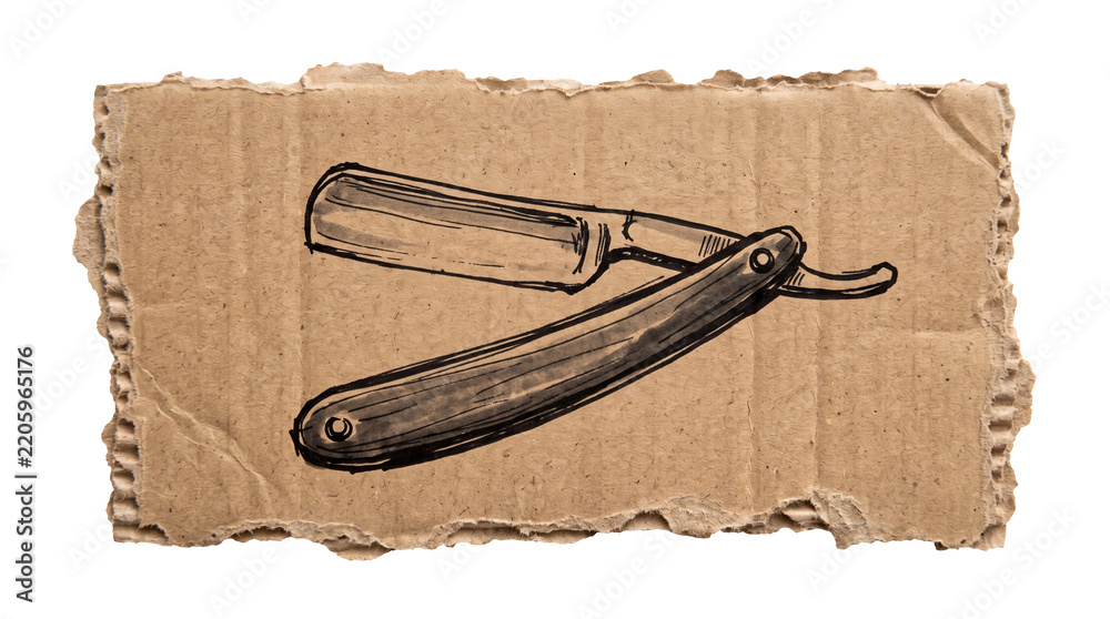 Obraz premium Classic barber straight razor folding blade sketch on cardboard. Traditional male grooming haircut graphic for barbershop price list menu, men salon banner mockup.