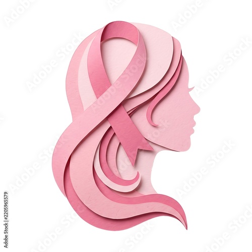 Paper cut style woman silhouette with pink ribbon for Pink October breast cancer awareness campaign