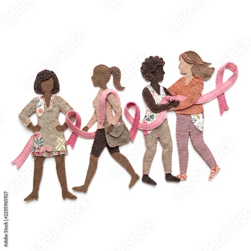 Diverse group of women in a felt fabric art style celebrating Pink October breast cancer awareness