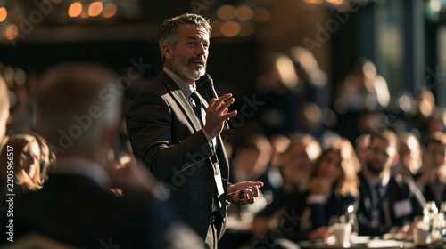 Confident senior businessman giving passionate presentation with hand gesture to colleagues in conference room, leadership and public speaking concept