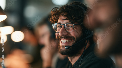 Smiling bearded businessman enjoying career success in city office at night, positive emotion and professional confidence concept, happy male portrait