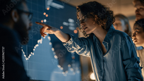 Determined businesswoman reaching forward for solution in dark city office at night, ambition and leadership motivation concept, modern female professional