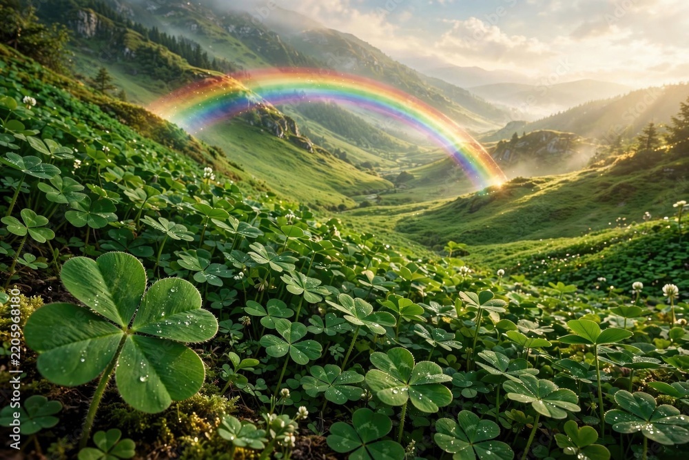 Obraz premium Rainbow over Lush Green Clover Meadow in Rolling Hills