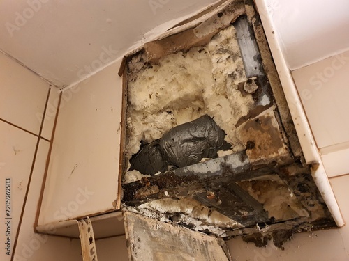 This image depicts severe water damage and deterioration inside a wall-mounted cabinet, likely located in a bathroom or kitchen. The cabinet's interior reveals crumbling white and beige particle