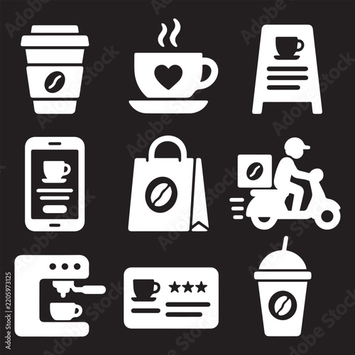 White coffee shop icon set with cup delivery app machine on black.