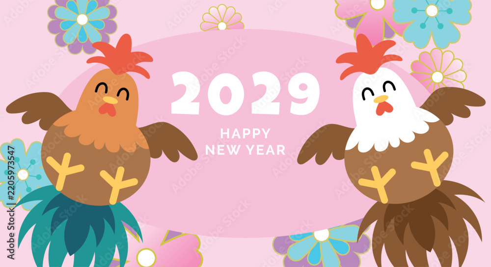 Obraz premium Year of the Rooster cartoon mascots. Two zodiac roosters on a floral background.