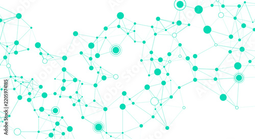 Modern teal digital network mesh with connected dots and lines on a clean white background, representing big data transfer, global communication, and biotechnology.
