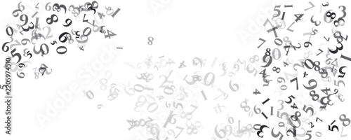 Abstract monochrome horizontal banner featuring scattered flying numbers 0, 1, 2, 3, 4, 5, 6, 7, 8, 9 for finance, education, accounting, mathematics, and digital technology concepts.