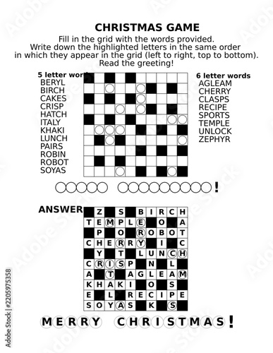 Christmas themed word game with crossword puzzle, letter hints, keys and festive greeting
