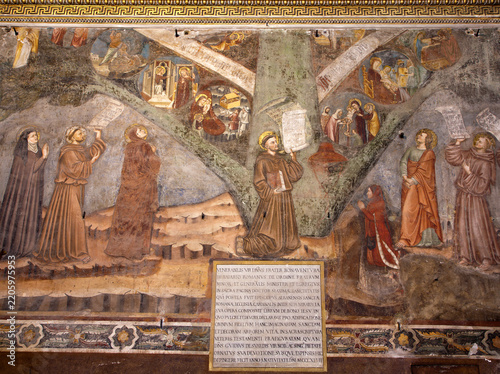 Bergamo - The Fresco of st. Francis on the wall of cathedral Santa Maria Maggiore by Maestro dell'Albero della Vita (1347).