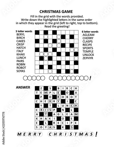 Christmas themed word game with crossword puzzle, letter hints, keys and festive greeting
