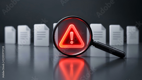 Magnifying Glass Highlighting Red Warning Alert Icon Among Document Files Representing Risk Assessment Security Audit Fraud Detection and Compliance