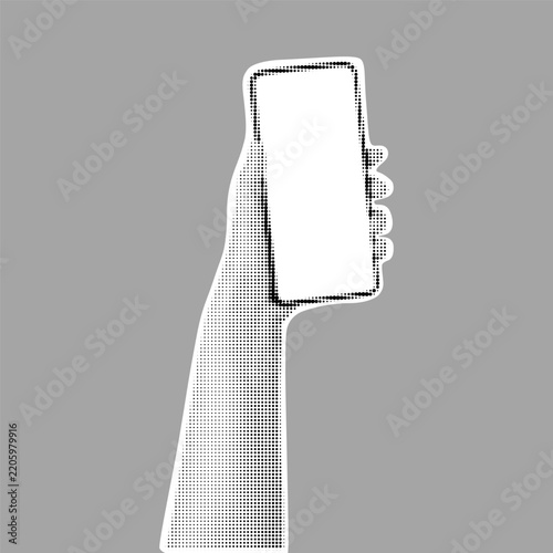 Minimalist halftone illustration of a human hand holding a smartphone