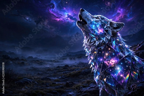 Cosmic Howling Wolf Under Nebula Sky