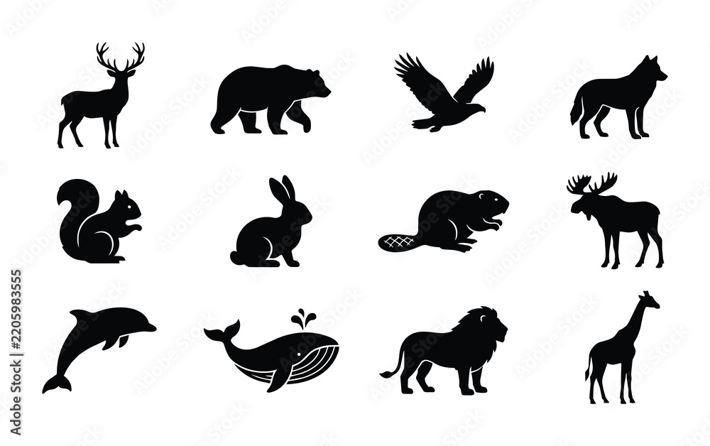 Fototapeta premium Wild Animal Silhouettes Collection, Diverse Wildlife Icons, Mammal and Bird Vector Graphics, Nature and Fauna Graphics